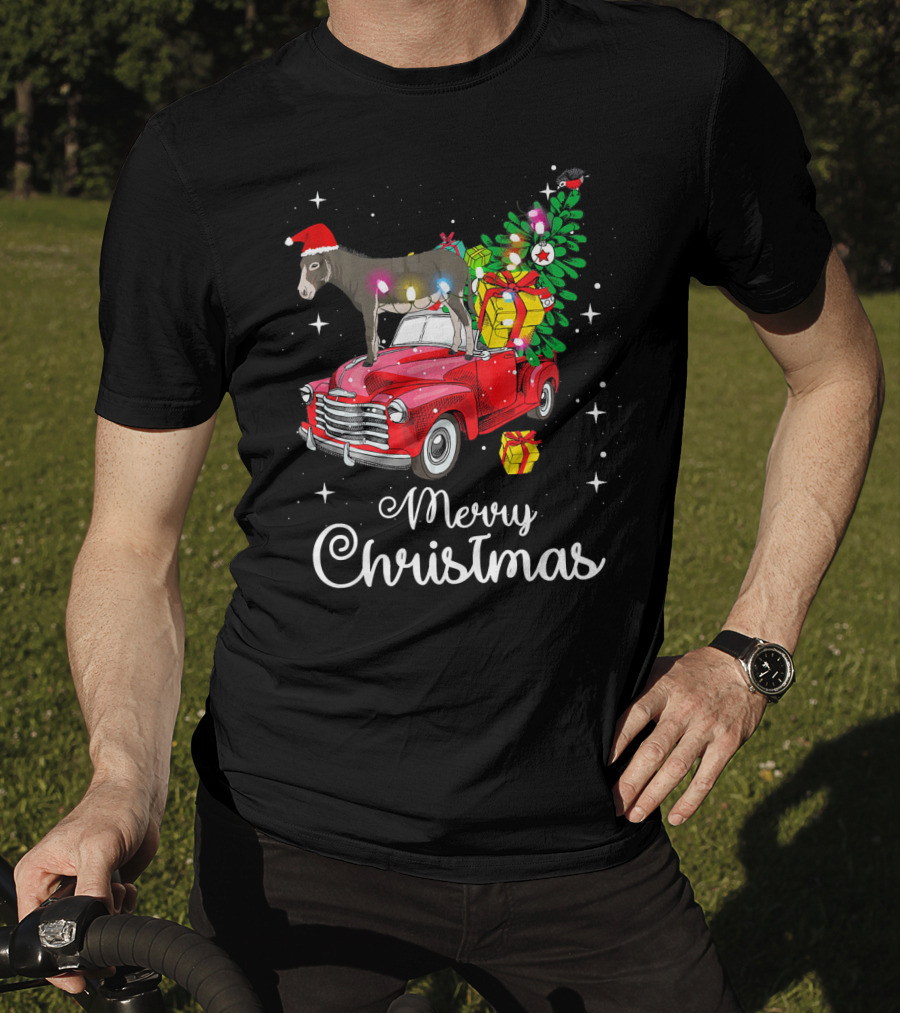 Merry Christmas Donkey Rides Red Truck With Santa Hat And Presents T-Shirt