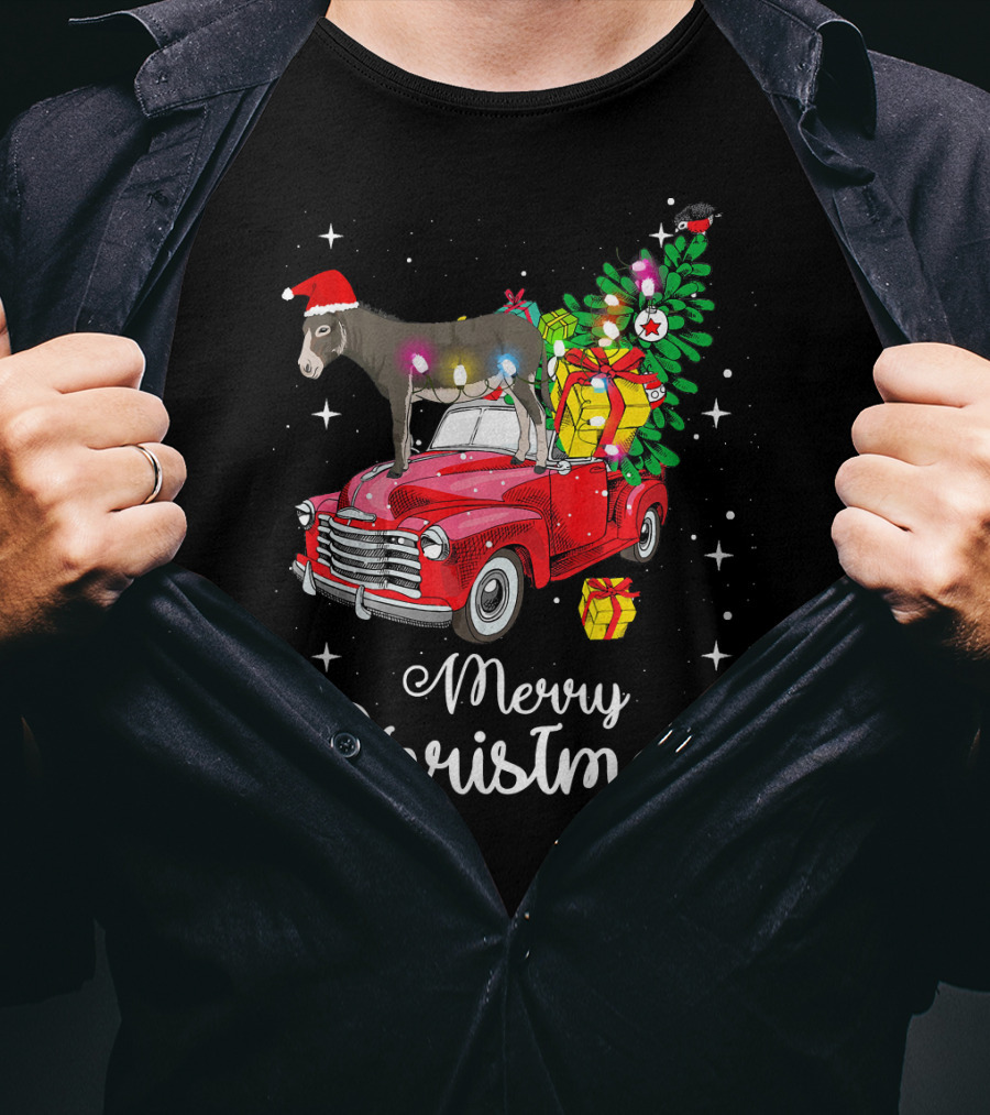 Merry Christmas Donkey Rides Red Truck With Santa Hat And Presents T-Shirt