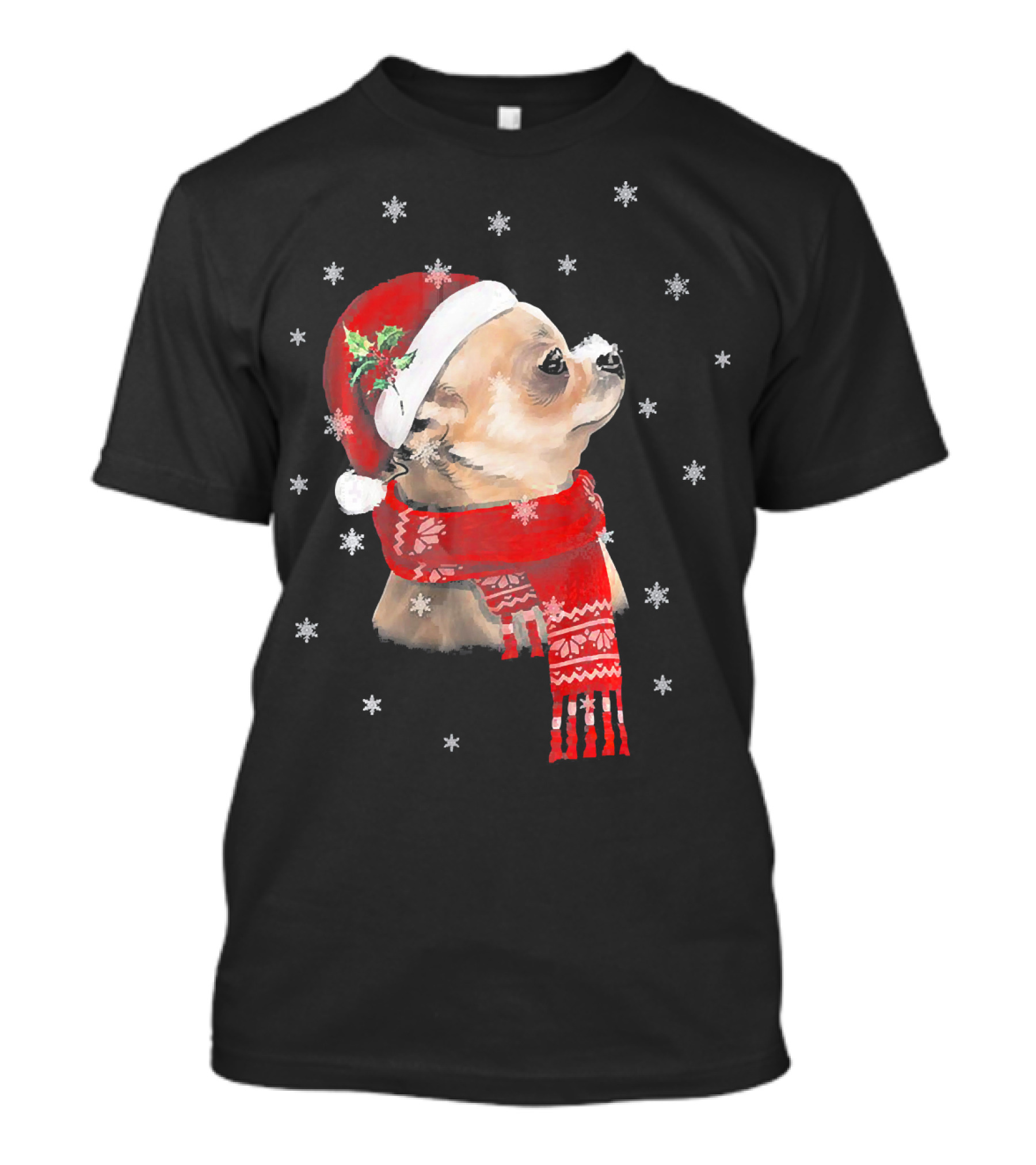 Chihuahua Christmas Cute Chihuahua Lover Festive Santa Hat And Scarf Snowflakes T-Shirt