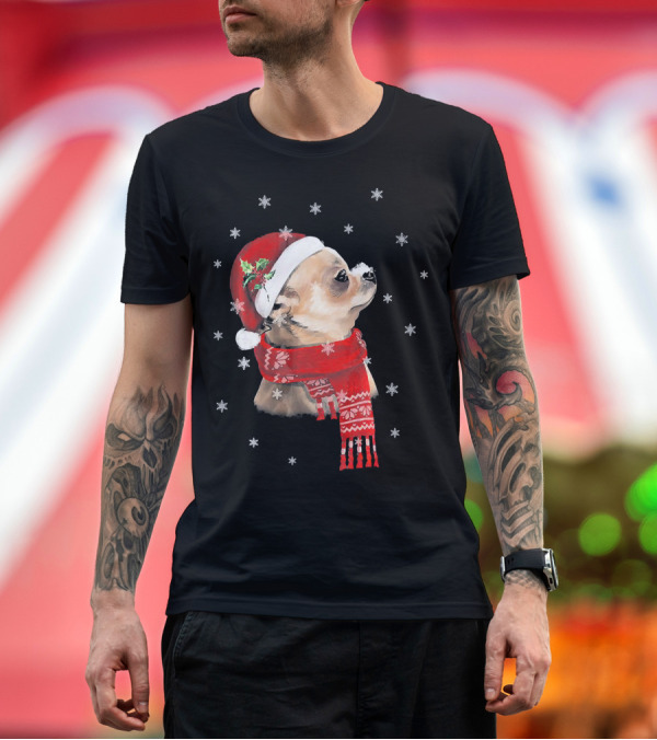 Premium T-Shirt: Chihuahua Christmas Cute Chihuahua Lover Festive Santa Hat and Scarf Snowflakes T-Shirt Chihuahua Christmas Cute Chihuahua Lover Festive Santa Hat and Scarf Snowflakes T-Shirt