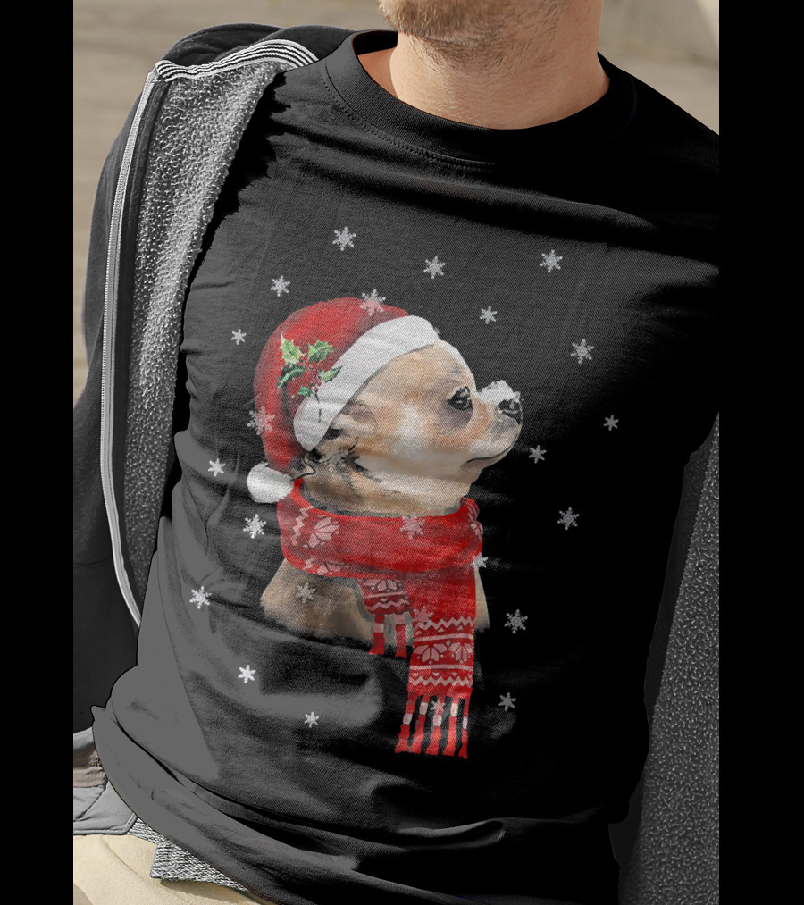 Chihuahua Christmas Cute Chihuahua Lover Festive Santa Hat And Scarf Snowflakes T-Shirt