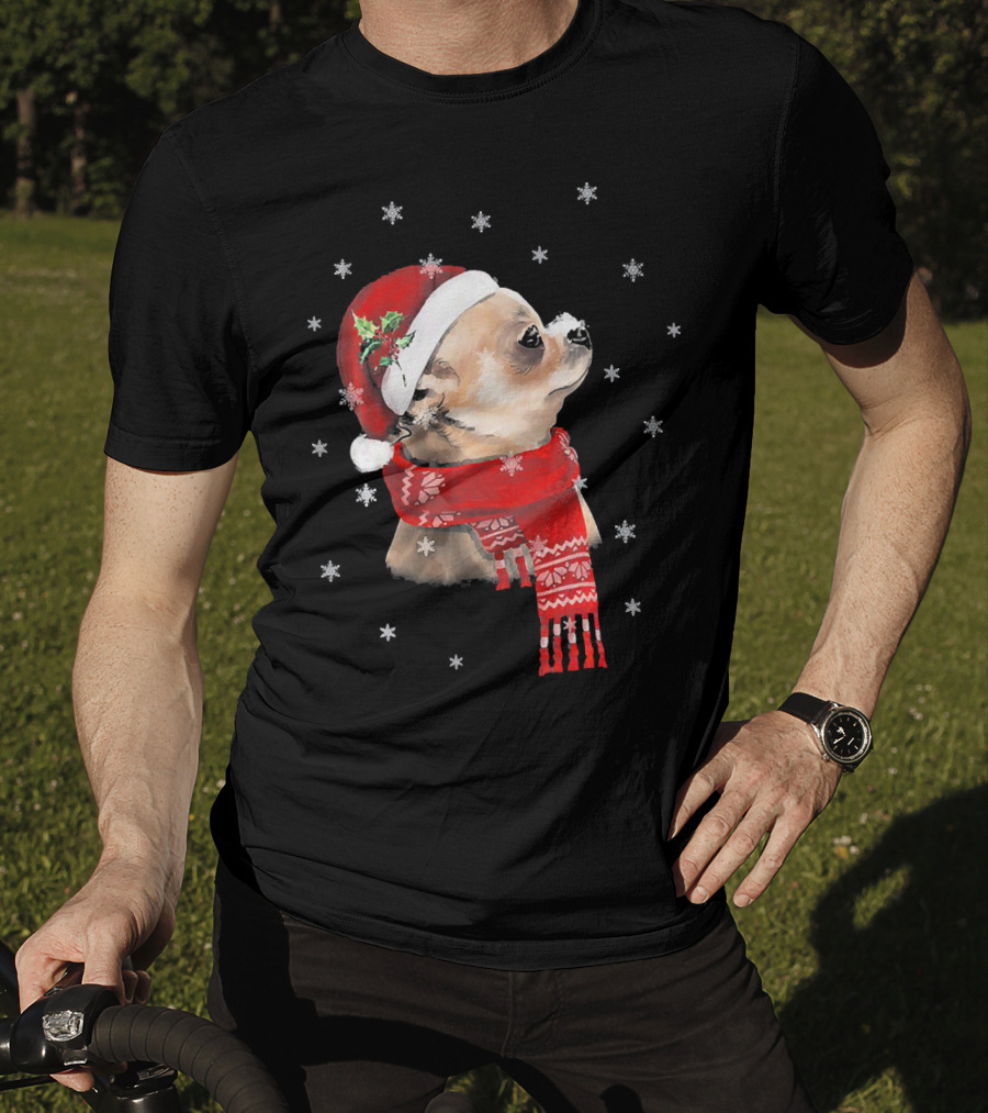 Chihuahua Christmas Cute Chihuahua Lover Festive Santa Hat And Scarf Snowflakes T-Shirt