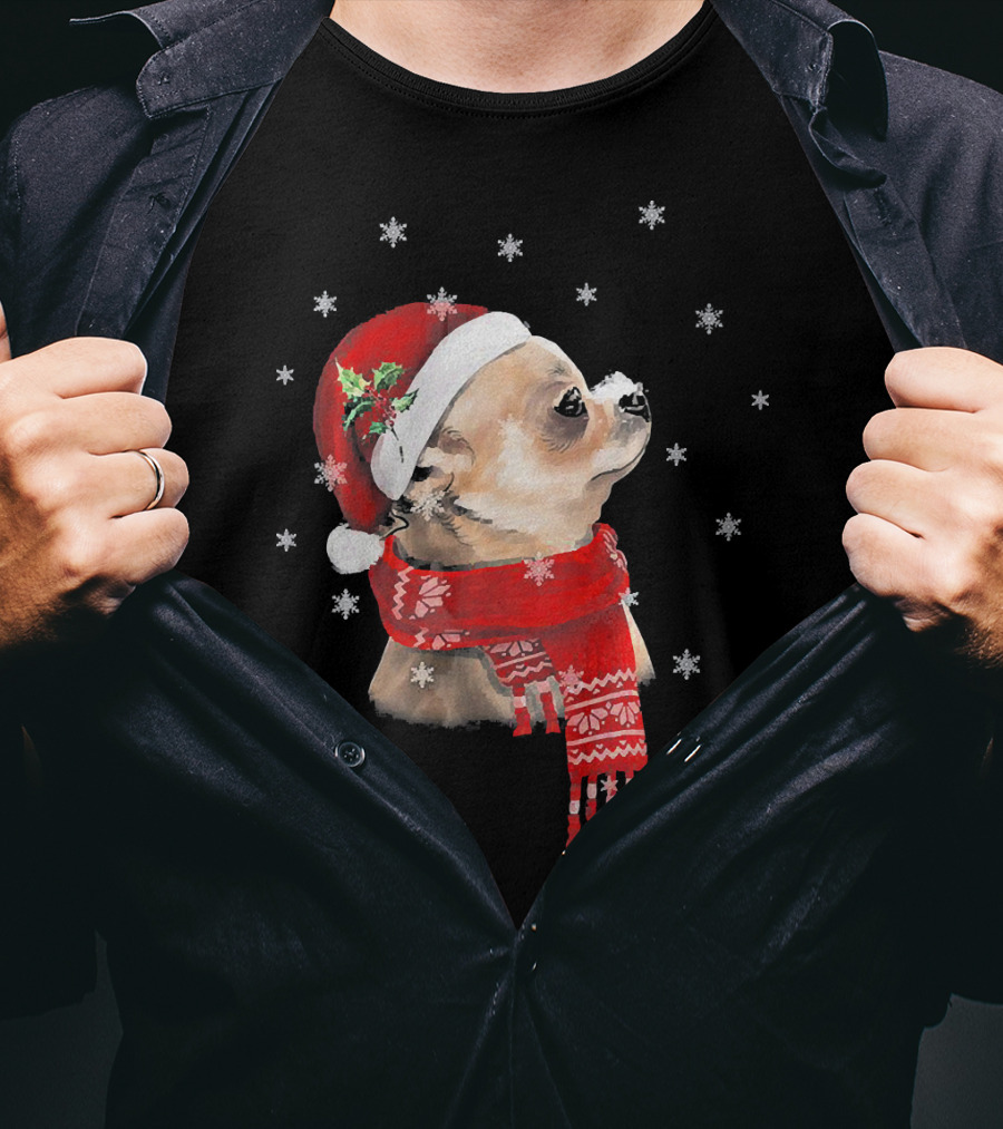 Chihuahua Christmas Cute Chihuahua Lover Festive Santa Hat And Scarf Snowflakes T-Shirt