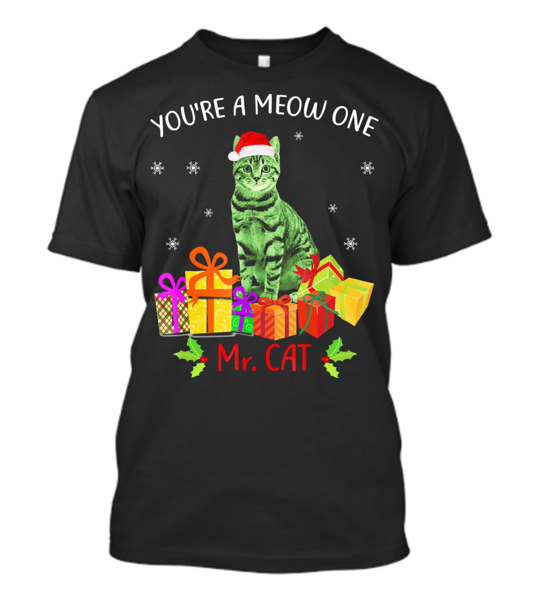 You're A Meow One Mr. Cat Christmas Holiday With Presents And Santa Hat T-Shirt