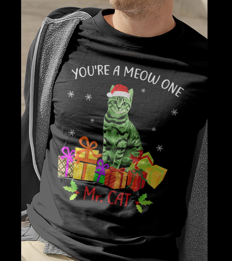 You're A Meow One Mr. Cat Christmas Holiday With Presents And Santa Hat T-Shirt