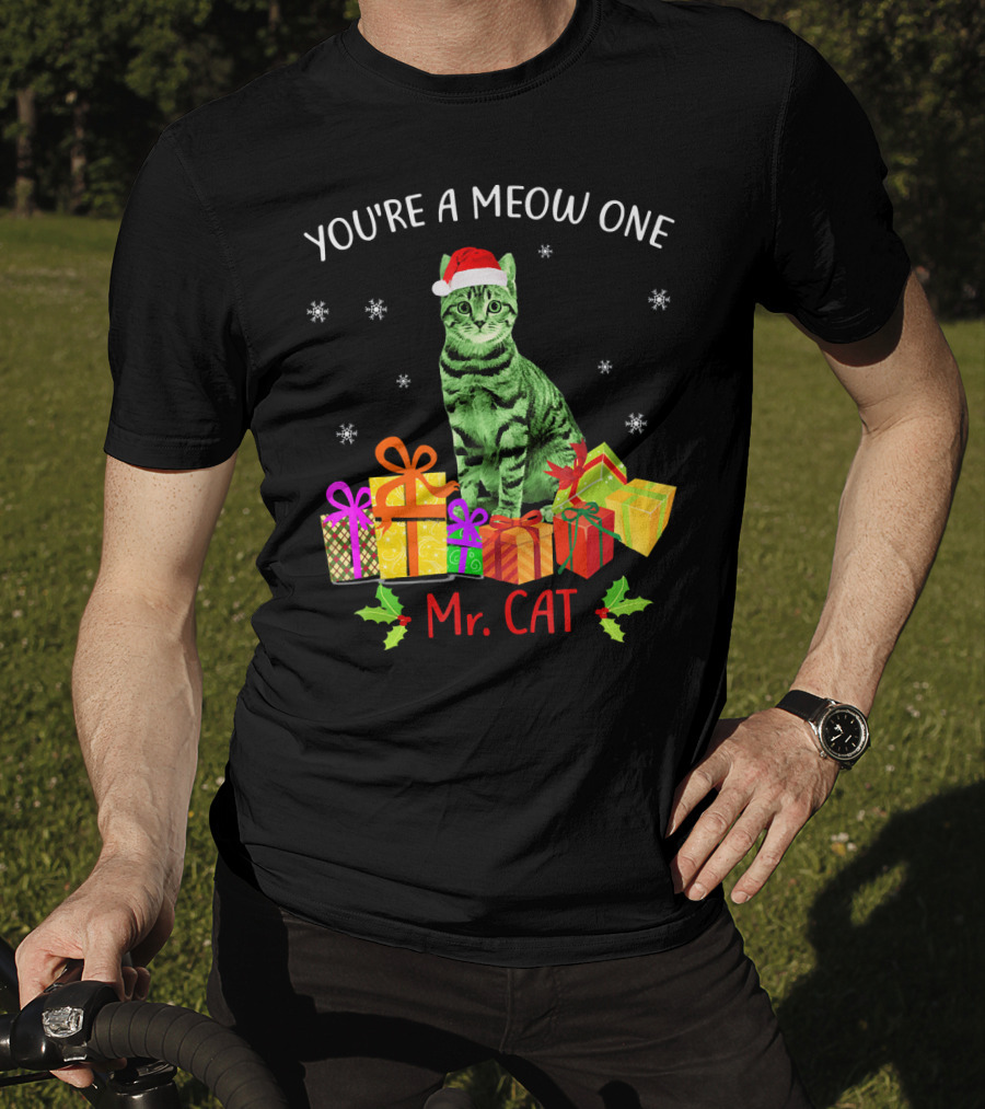 You're A Meow One Mr. Cat Christmas Holiday With Presents And Santa Hat T-Shirt