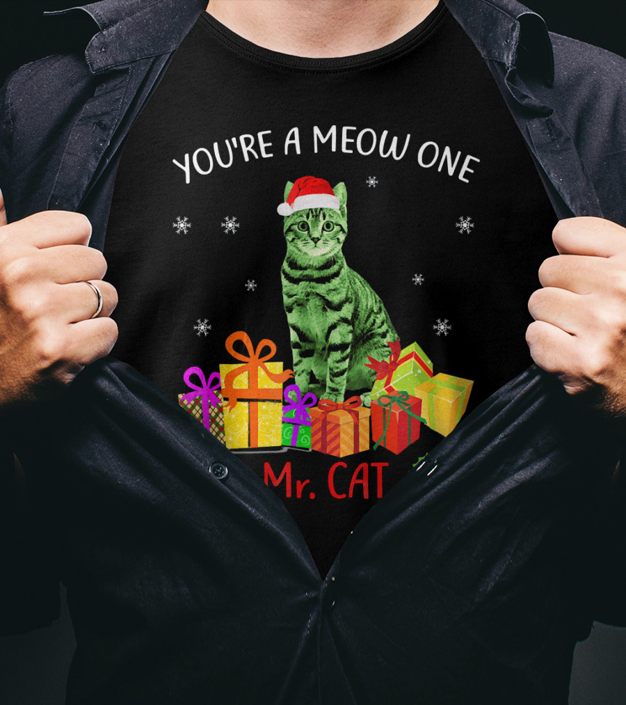 You're A Meow One Mr. Cat Christmas Holiday With Presents And Santa Hat T-Shirt