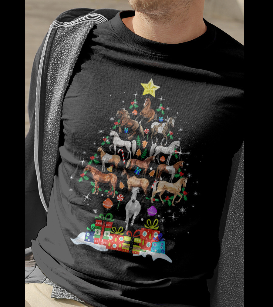 Horse Christmas Tree With Star And Holiday Gifts T-Shirt