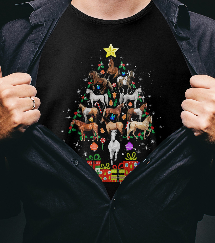 Horse Christmas Tree With Star And Holiday Gifts T-Shirt