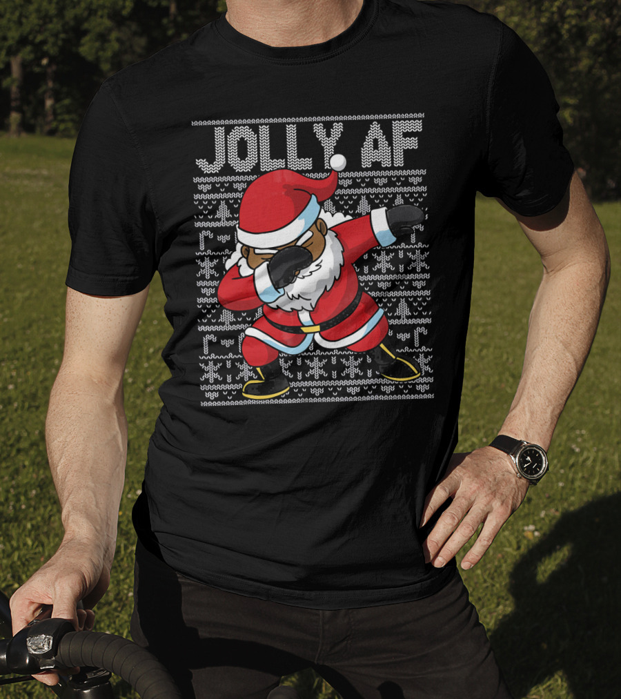 Jolly AF Christmas Dabbing Black Santa T-Shirt