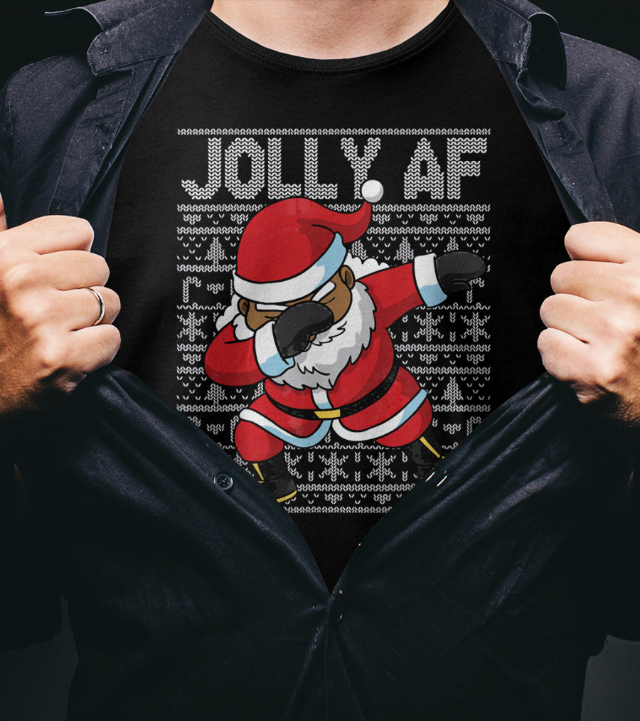 Jolly AF Christmas Dabbing Black Santa T-Shirt