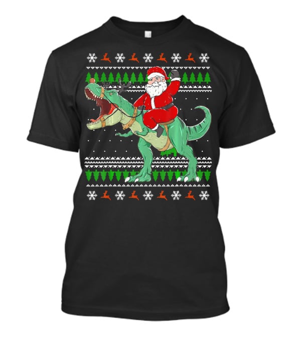 Santa Riding Dino Ugly Christmas Sweater With Snowflakes And Reindeer T-Shirt