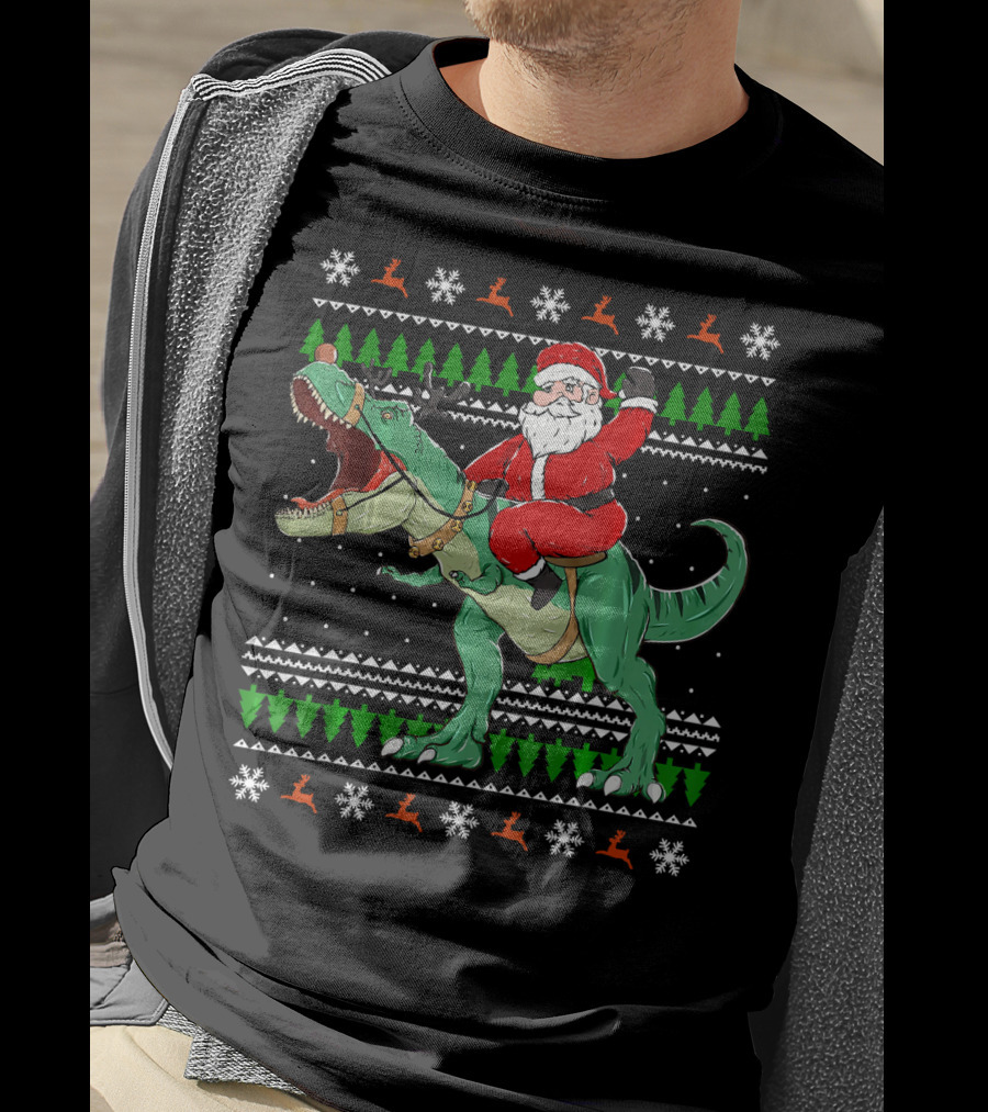 Santa Riding Dino Ugly Christmas Sweater With Snowflakes And Reindeer T-Shirt