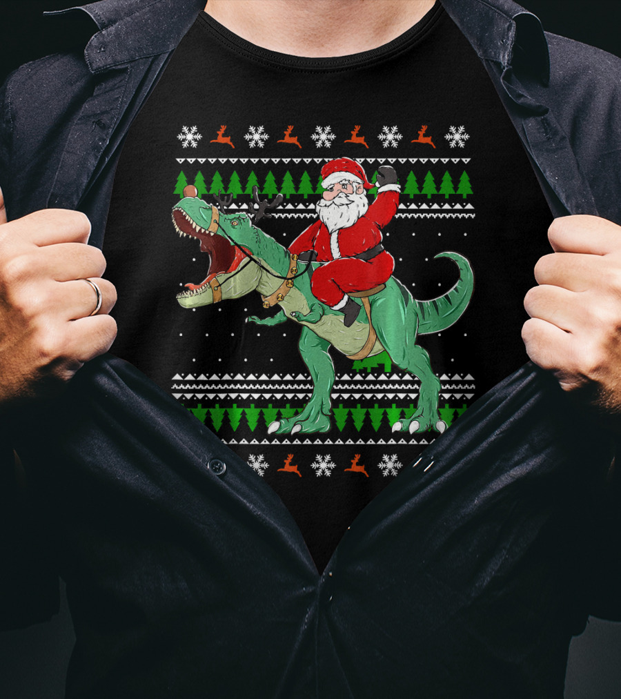 Santa Riding Dino Ugly Christmas Sweater With Snowflakes And Reindeer T-Shirt