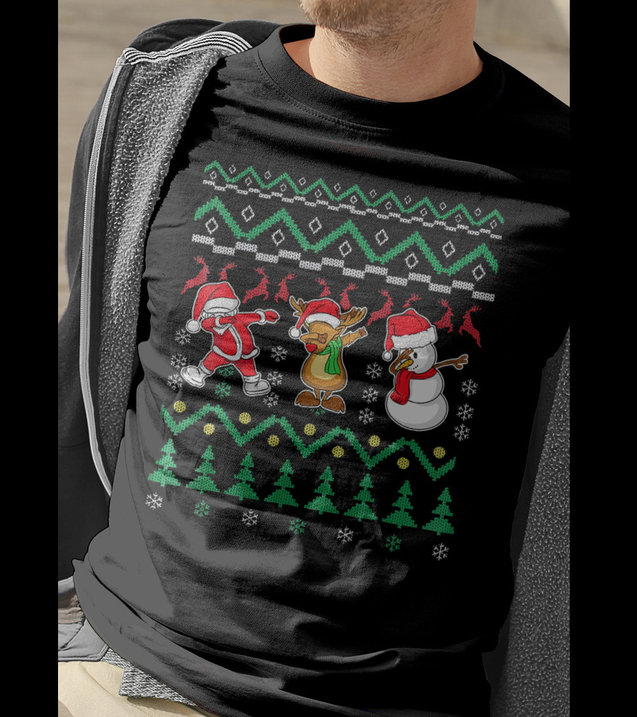Santa Reindeer Snowman Dabbing Christmas T-Shirt