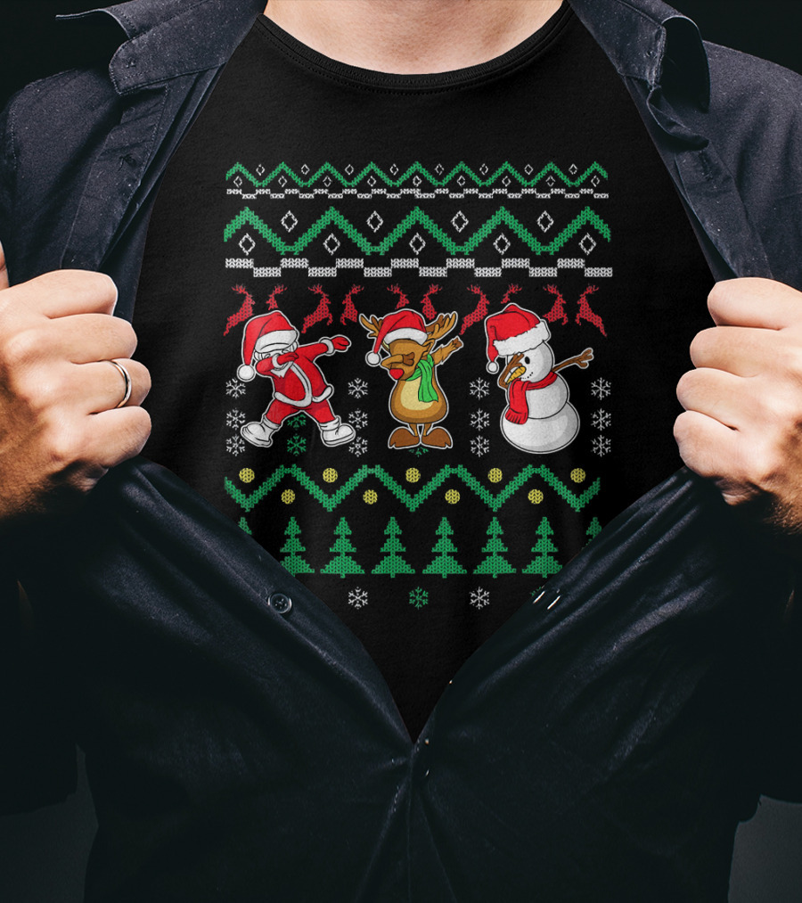 Santa Reindeer Snowman Dabbing Christmas T-Shirt