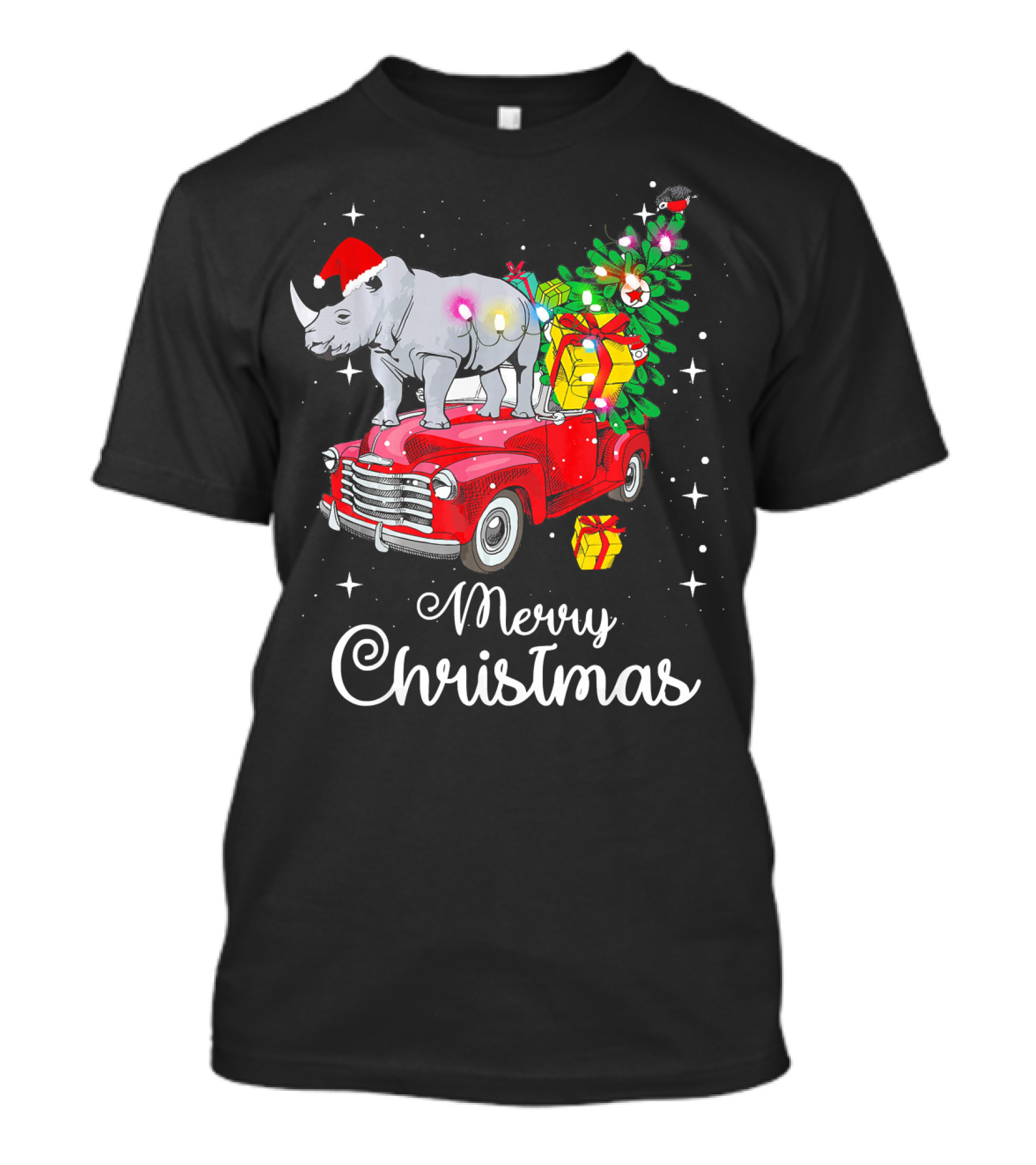 Merry Christmas Rhino Santa Hat On Red Truck With Christmas Tree And Gifts T-Shirt