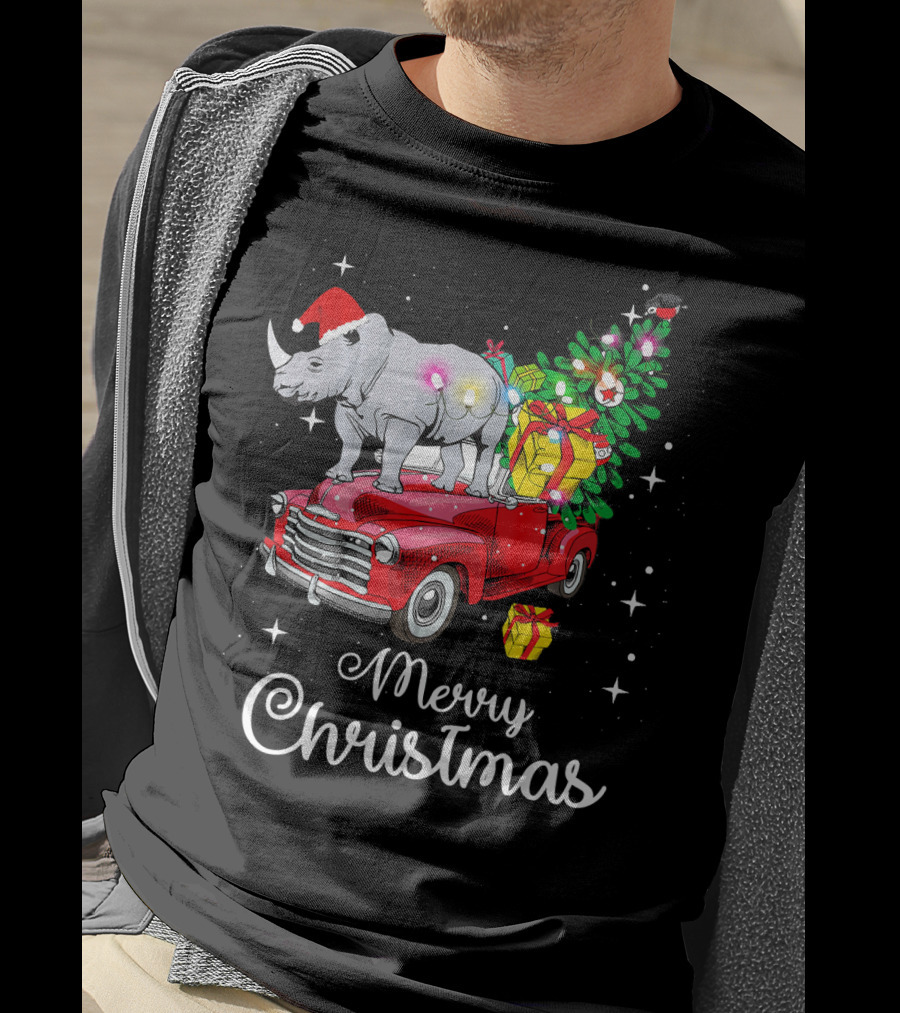Merry Christmas Rhino Santa Hat On Red Truck With Christmas Tree And Gifts T-Shirt