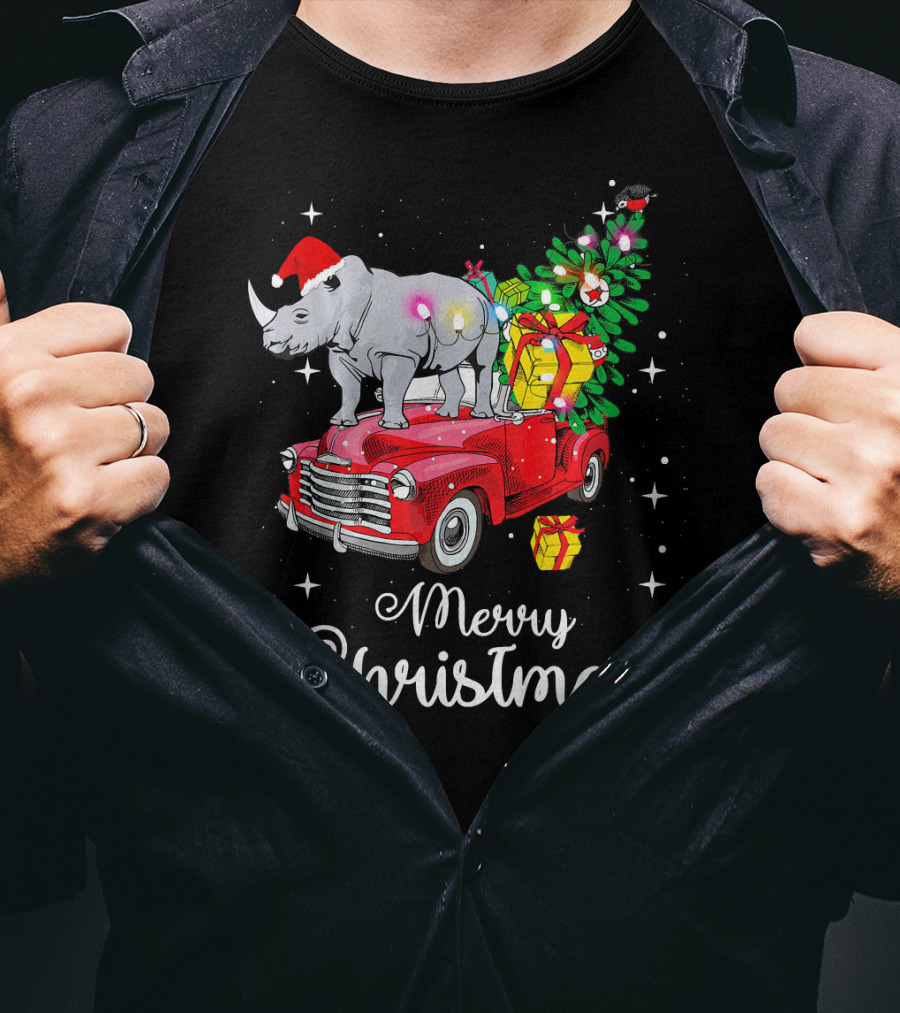 Merry Christmas Rhino Santa Hat On Red Truck With Christmas Tree And Gifts T-Shirt