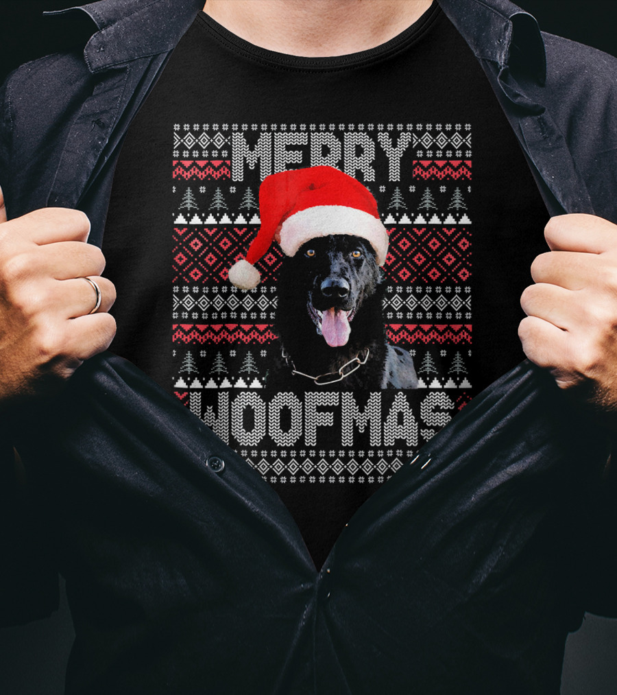 Merry Woofmas German Shepherd In Santa Hat With Festive Knitting T-Shirt