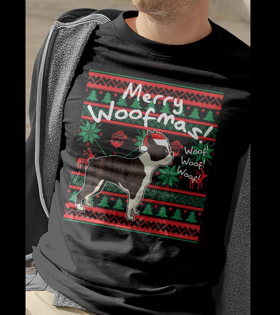 Merry Woofmas Boston Terrier Woof Woof Santa Hat Christmas T-Shirt