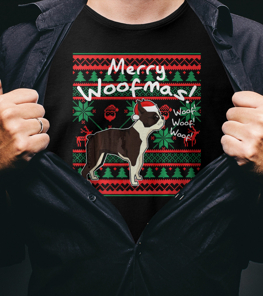 Merry Woofmas Boston Terrier Woof Woof Santa Hat Christmas T-Shirt
