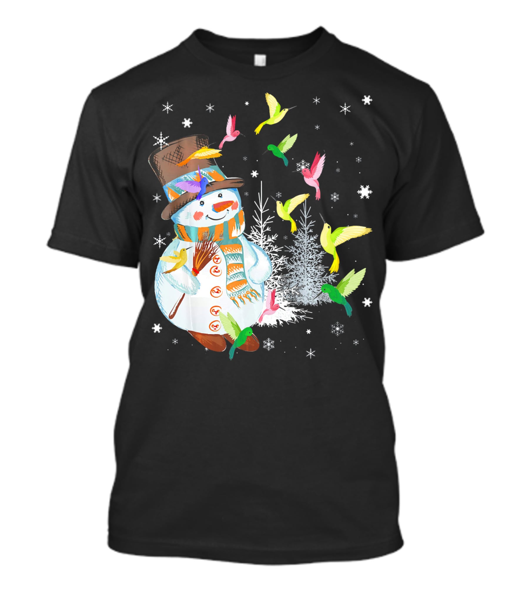 Merry Hummingbird Snowman With Colorful Birds And Snowflakes T-Shirt
