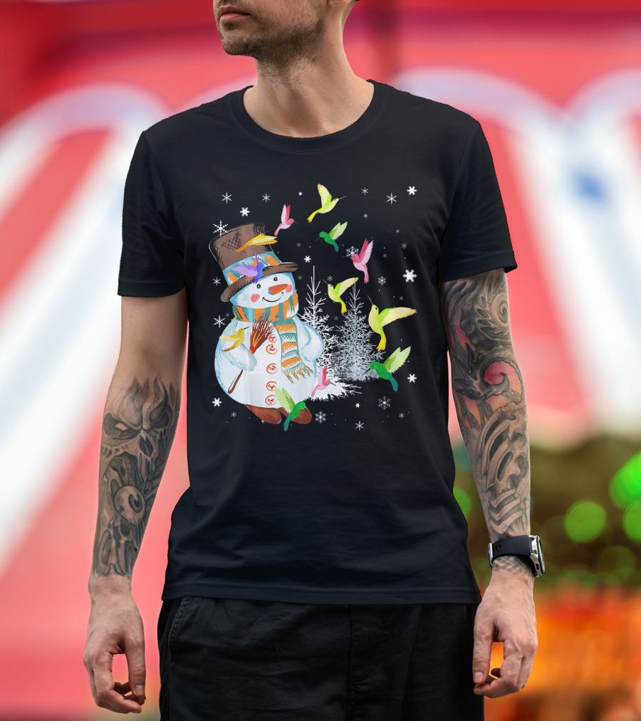 Merry Hummingbird Snowman with Colorful Birds and Snowflakes T-Shirt