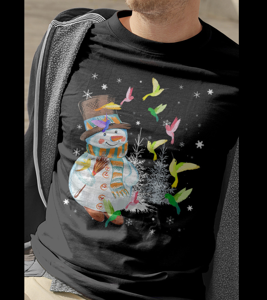 Merry Hummingbird Snowman With Colorful Birds And Snowflakes T-Shirt