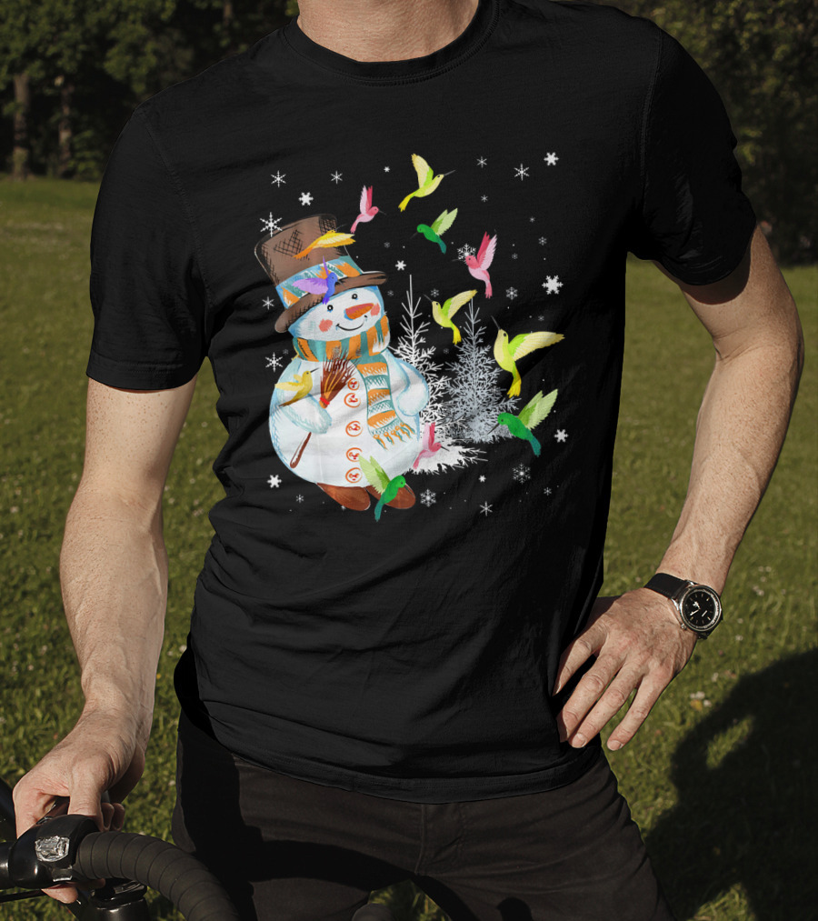 Merry Hummingbird Snowman With Colorful Birds And Snowflakes T-Shirt