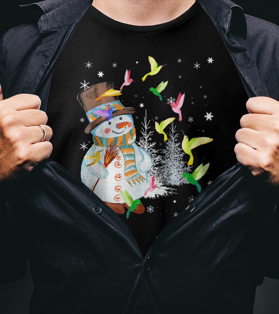 Merry Hummingbird Snowman With Colorful Birds And Snowflakes T-Shirt
