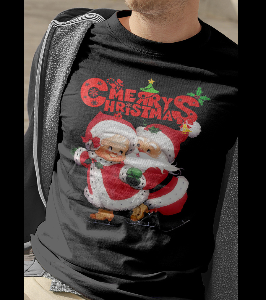 Merry Christmas Cute Mrs Claus And Santa Skating T-Shirt