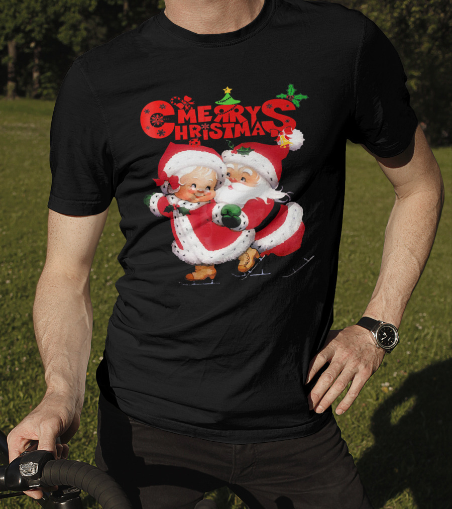 Merry Christmas Cute Mrs Claus And Santa Skating T-Shirt