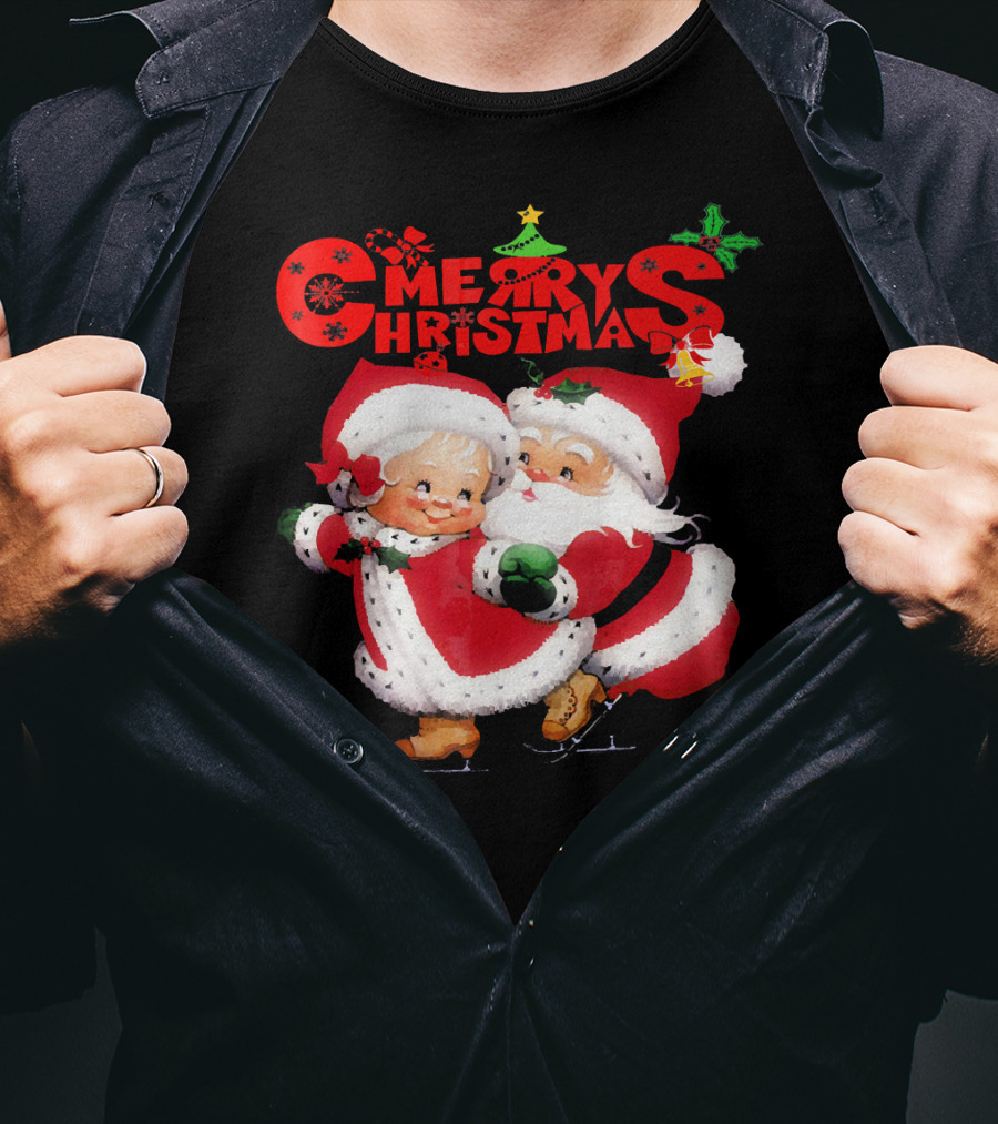Merry Christmas Cute Mrs Claus And Santa Skating T-Shirt