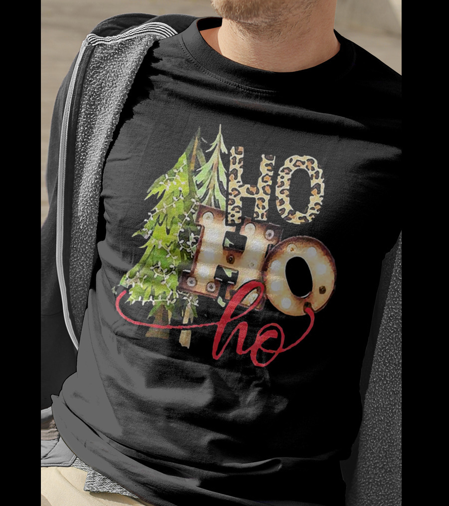 Pine Trees Ho Ho Ho Christmas Lights Leopard Print T-Shirt
