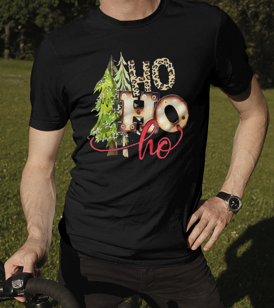 Pine Trees Ho Ho Ho Christmas Lights Leopard Print T-Shirt
