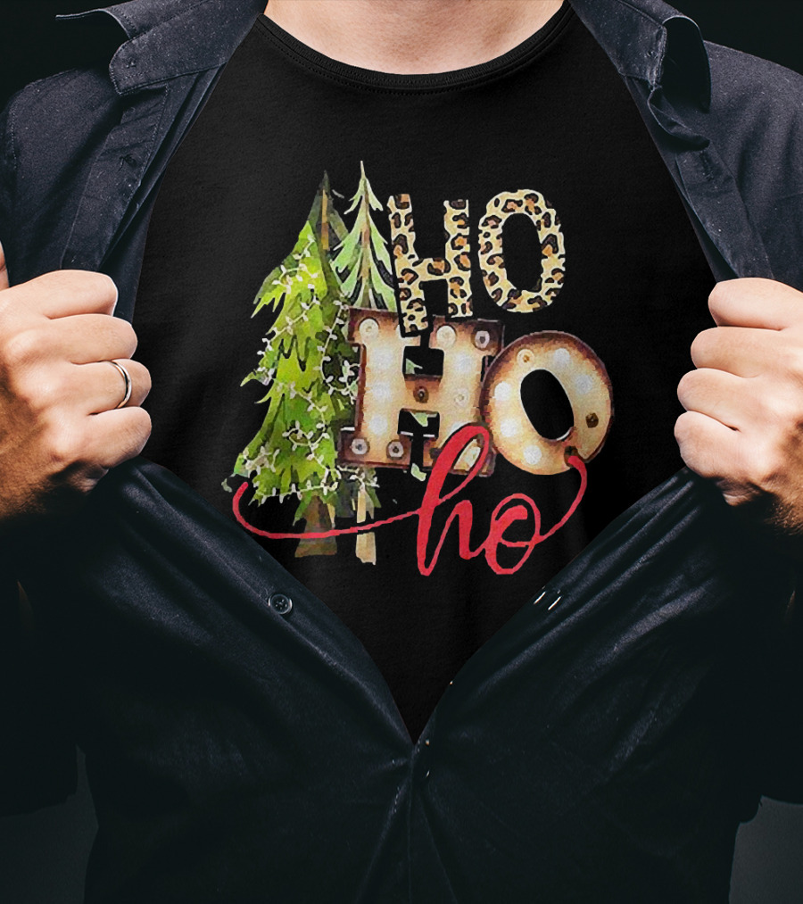 Pine Trees Ho Ho Ho Christmas Lights Leopard Print T-Shirt