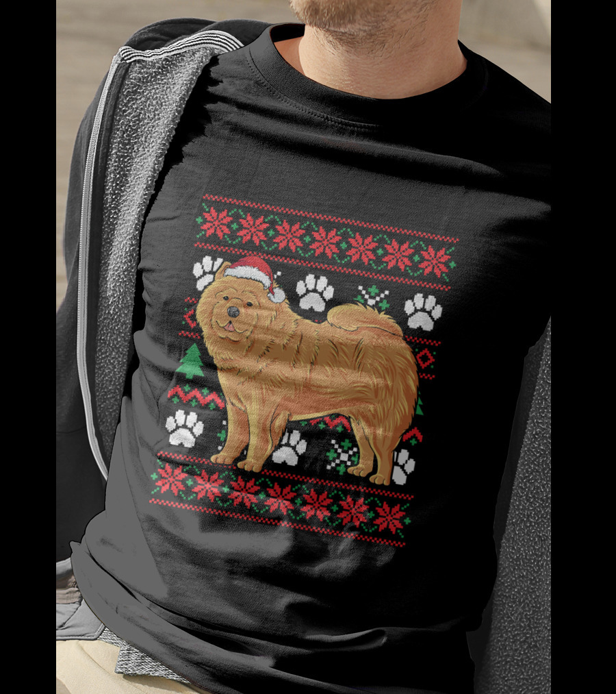 Chow Chow Ugly Christmas Sweater With Santa Hat And Paw Prints T-Shirt