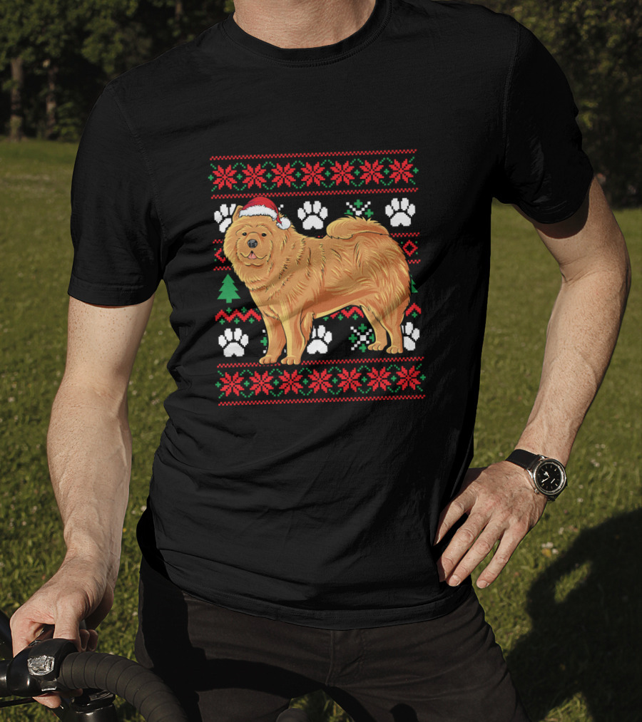 Chow Chow Ugly Christmas Sweater With Santa Hat And Paw Prints T-Shirt