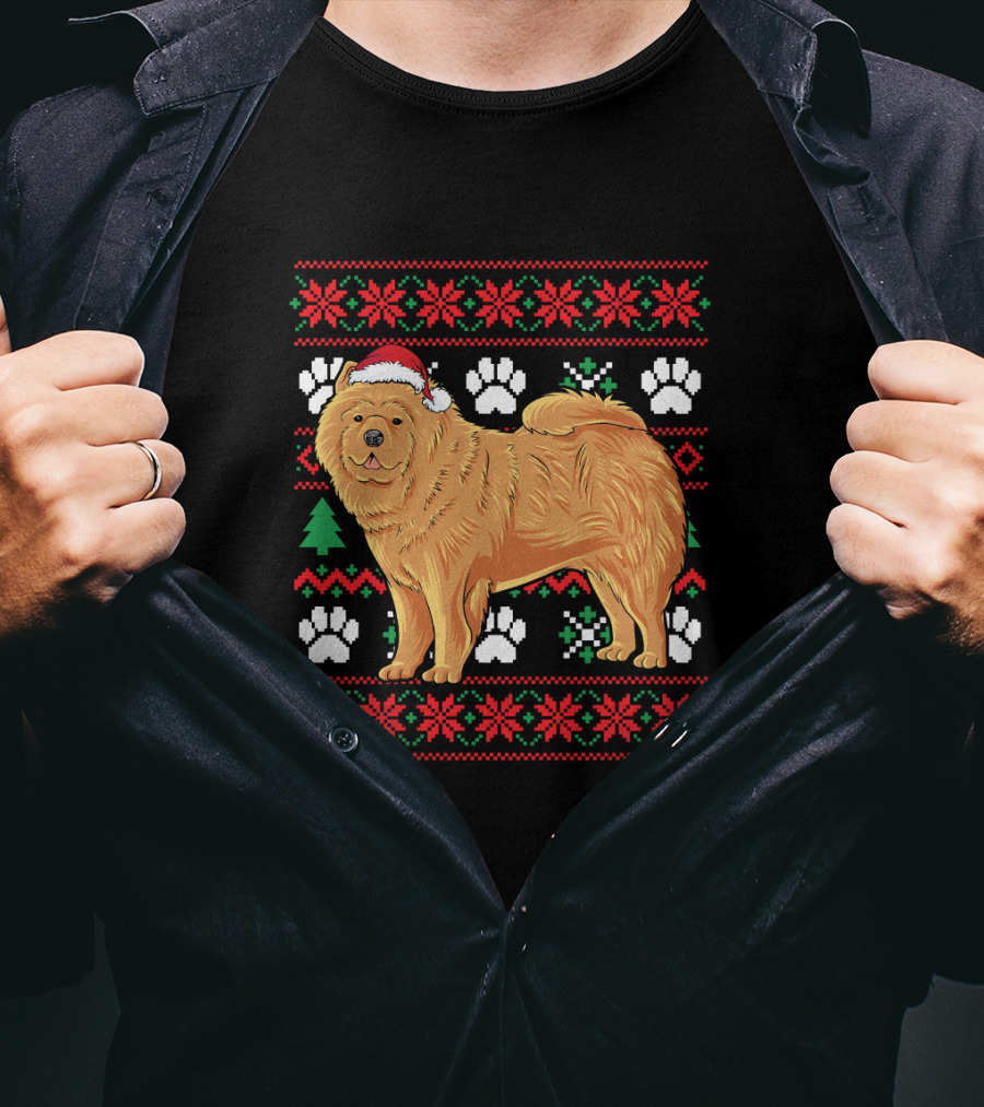Chow Chow Ugly Christmas Sweater With Santa Hat And Paw Prints T-Shirt