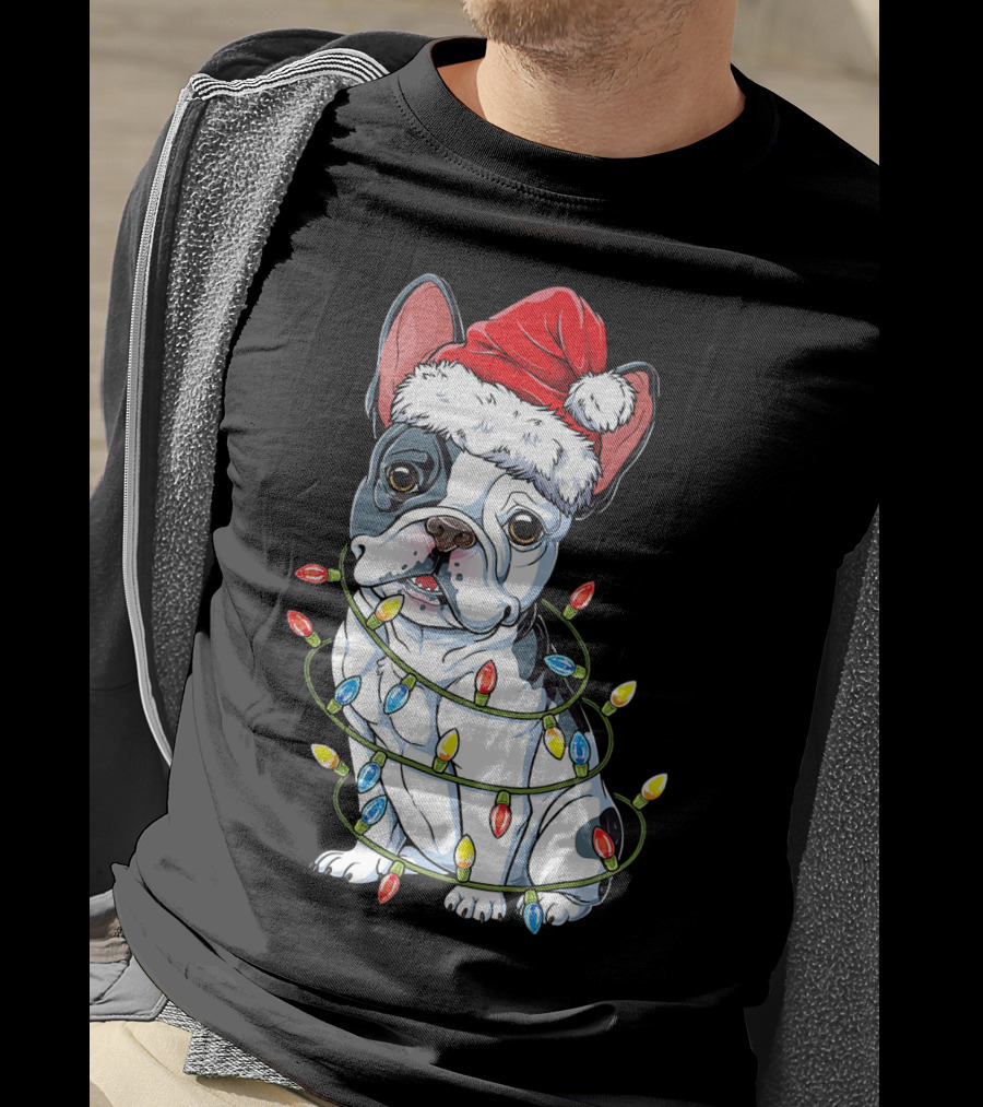 French Bulldog Christmas Santa Hat Festive Lights T-Shirt