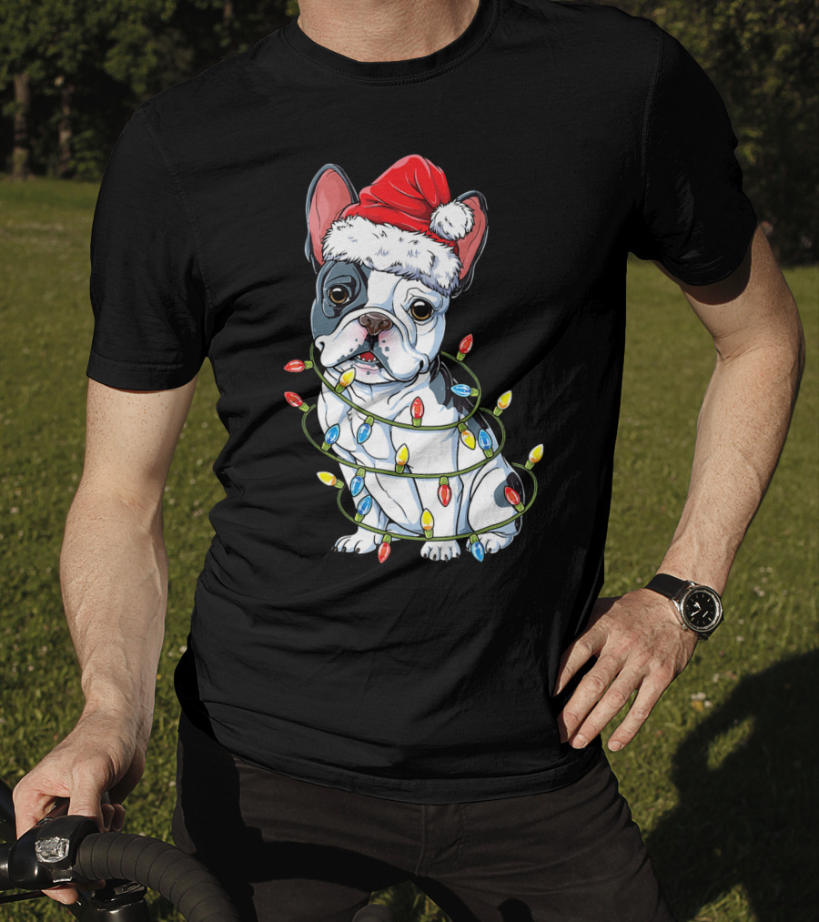 French Bulldog Christmas Santa Hat Festive Lights T-Shirt
