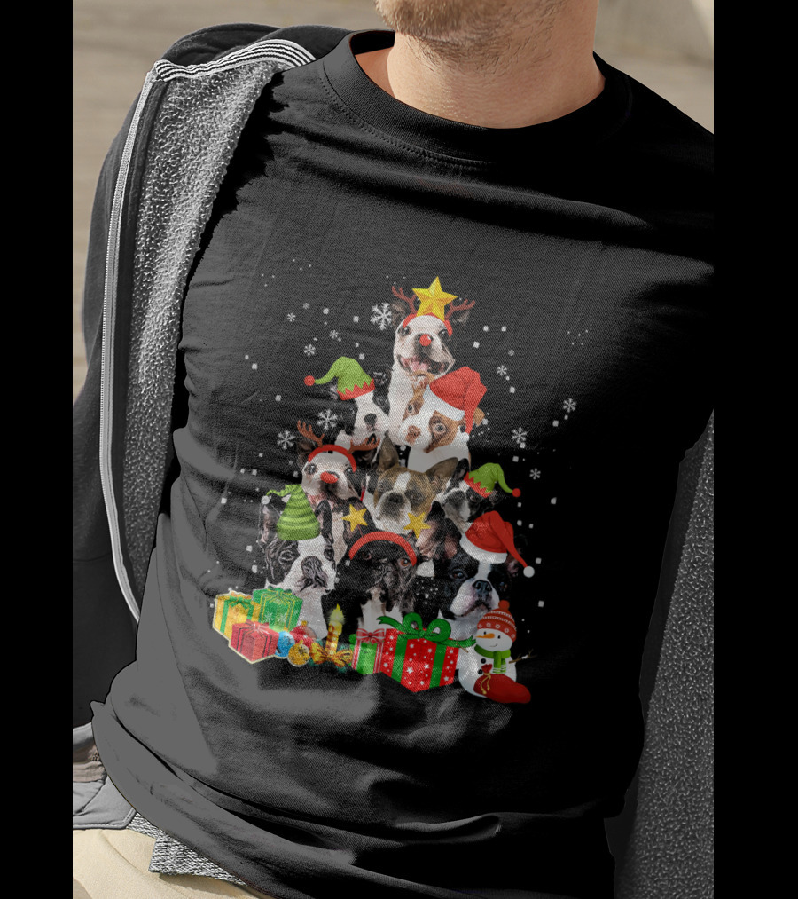 Boston Terrier Christmas Tree With Snowflakes And Gifts T-Shirt