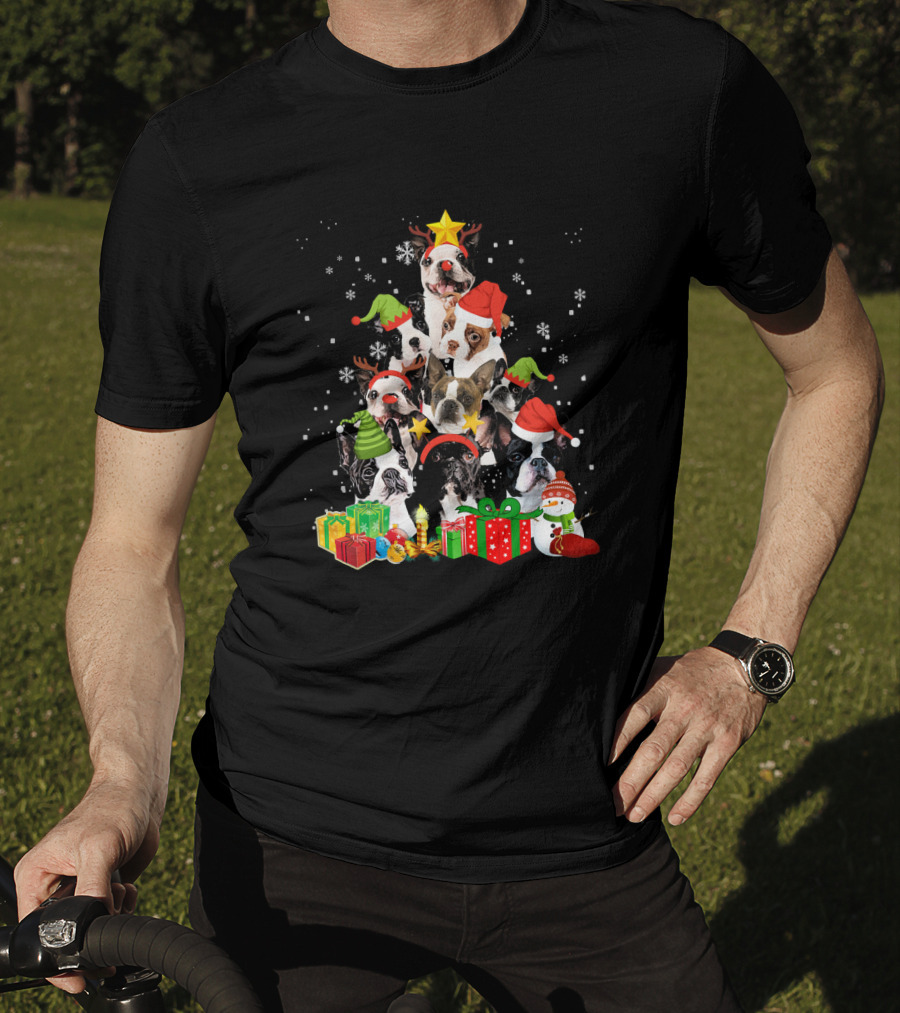 Boston Terrier Christmas Tree With Snowflakes And Gifts T-Shirt