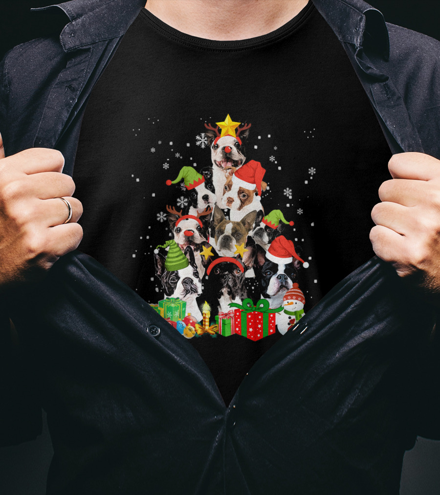 Boston Terrier Christmas Tree With Snowflakes And Gifts T-Shirt