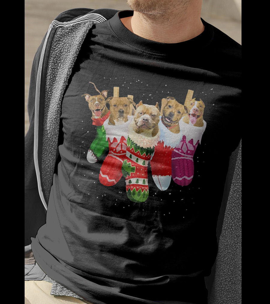 Pit Bull Dogs In Festive Christmas Stockings T-Shirt