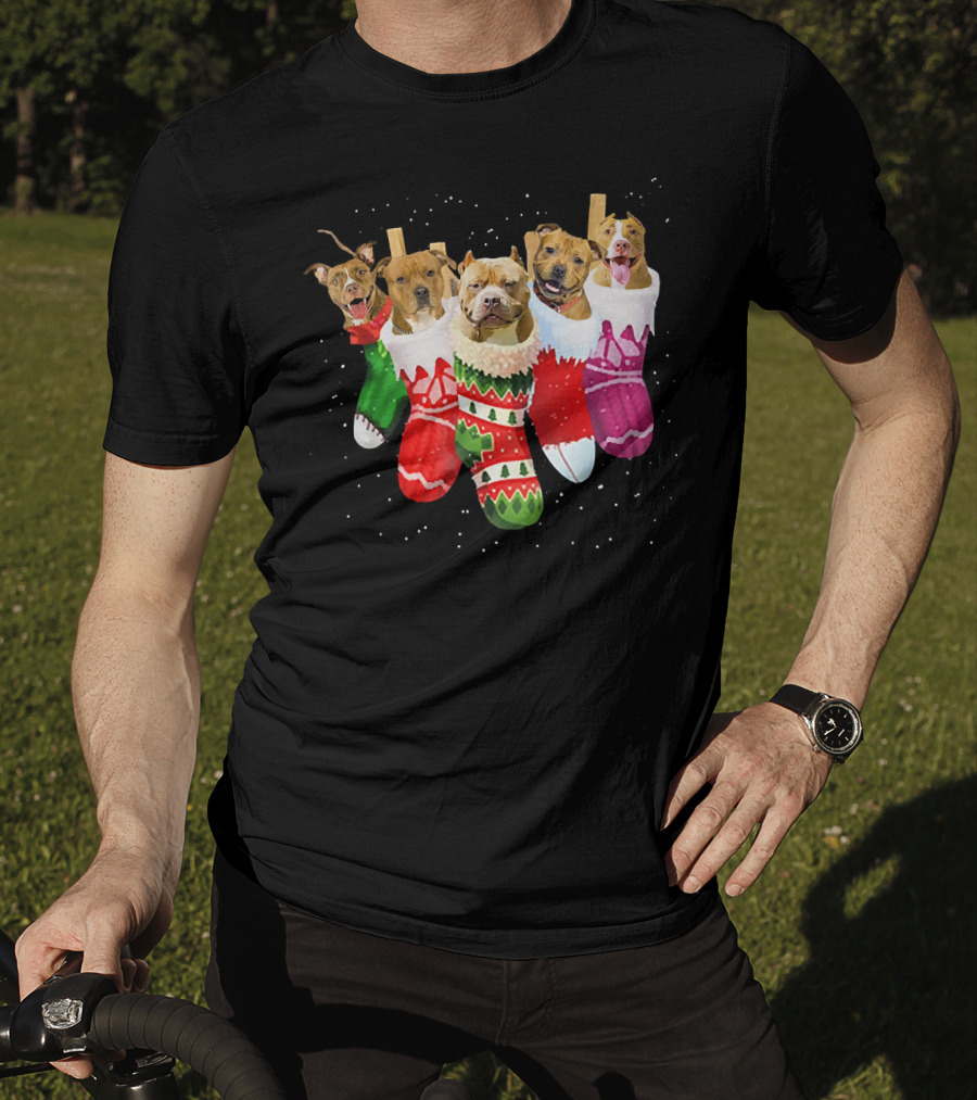 Pit Bull Dogs In Festive Christmas Stockings T-Shirt