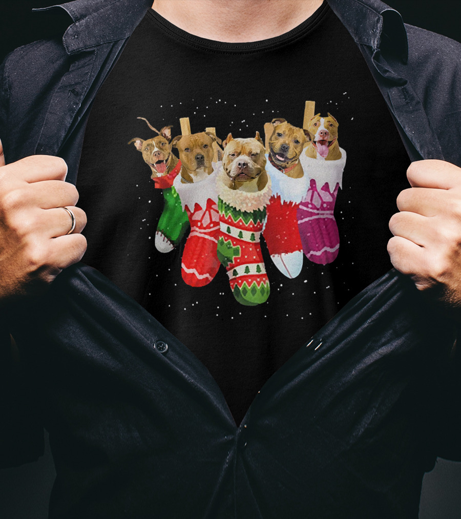 Pit Bull Dogs In Festive Christmas Stockings T-Shirt