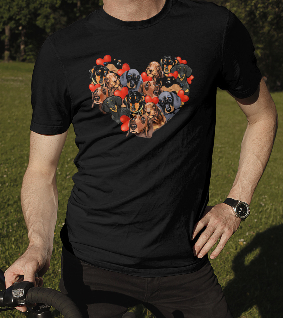 Cute Dachshund Heart Valentine Filled With Dachshunds And Hearts T-Shirt