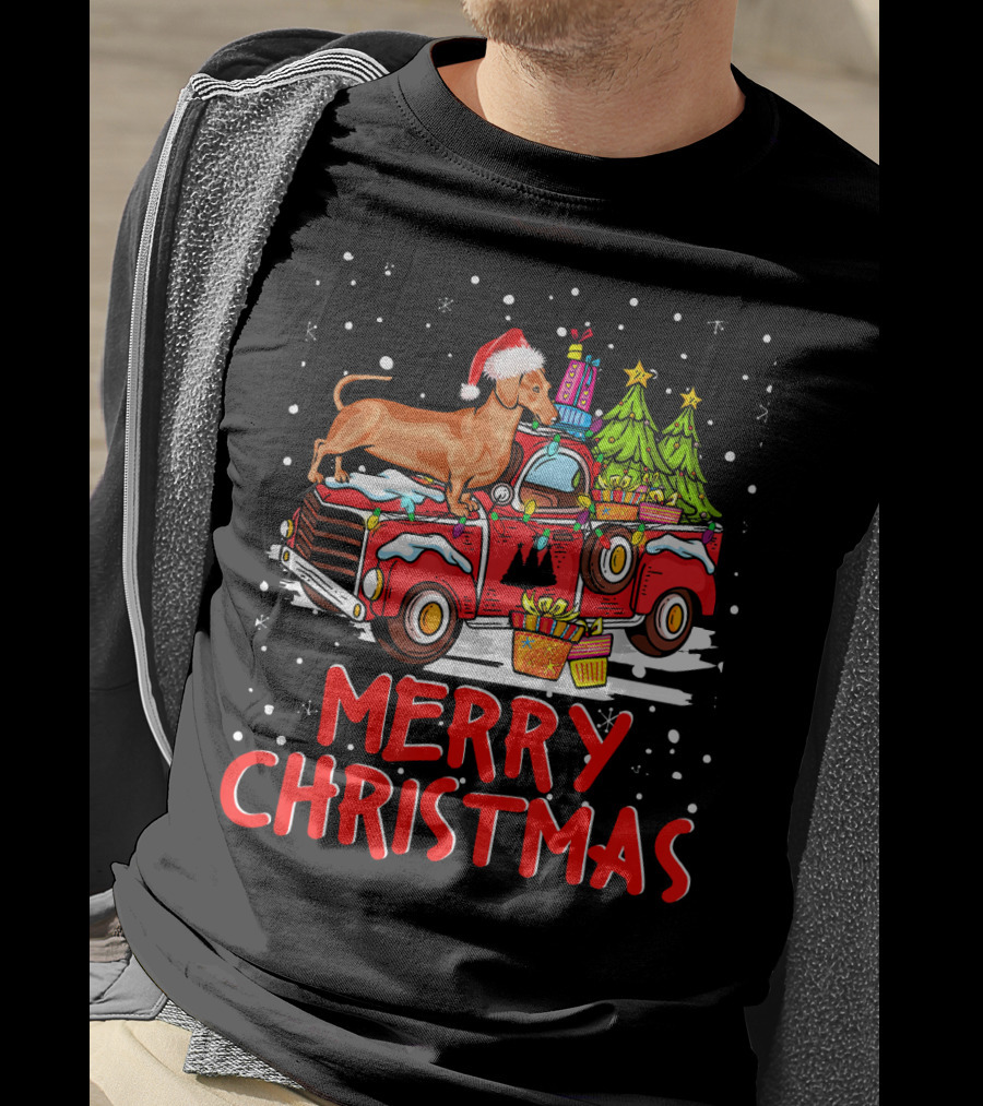 Merry Christmas Dachshund Santa Hat Red Truck With Gifts And Trees T-Shirt